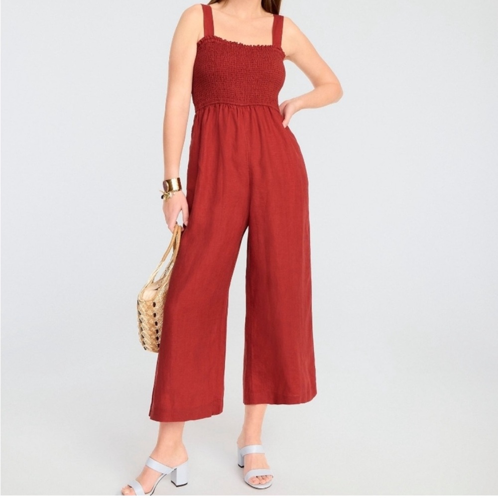 J. Crew 100% Linen Smocked Wide Leg Jumpsuit Romper in Rust Orange